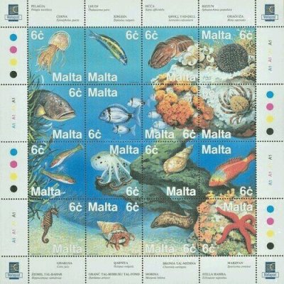 画像1: マルタ切手　1999年　海洋生物　16種　シート