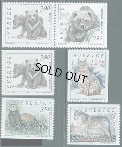 画像1: スウェーデン切手　1993年　野生動物　ヒグマの親子　ヨーロッパナガイタチ　6種