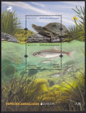 画像1: ポルトガル切手　2021年　ヨーロッパ C.E.P.T 絶滅危惧種　カメ　魚　小型シート