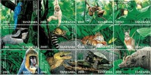 画像2: タンザニア切手　1998年　絶滅危惧種　鳥　動物　スミレコンゴウインコ　12種