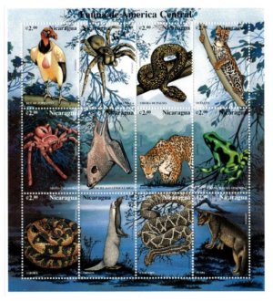 画像1: ニカラグア切手　1999年　鳥　動物　中央アメリカの動物相　トキイロコンドル　12種
