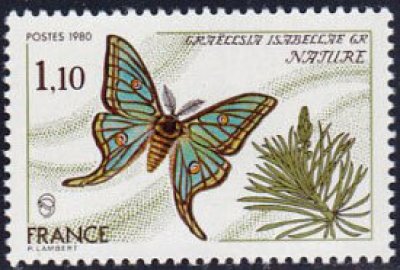 画像1: フランス切手　1980年　自然保護　蛾　イザベラミズアオ 　1種