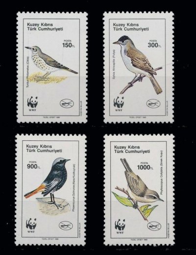 画像1: 北キプロス切手　1990年　野生生物の保護 　鳥　クロジョウビタキ 4種