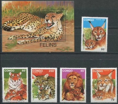 画像1: コンゴ共和国切手　1992年　野生の猫科　オオヤマネコ　6種