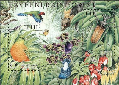 画像1: フィジー切手　2001年　タベウニ熱帯雨林　鳥　昆虫　2種