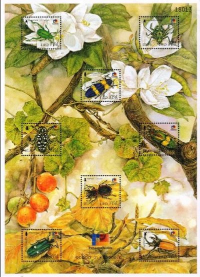 画像1: ラオス切手　2002年　昆虫  カブトムシ　8種　切手展　シート