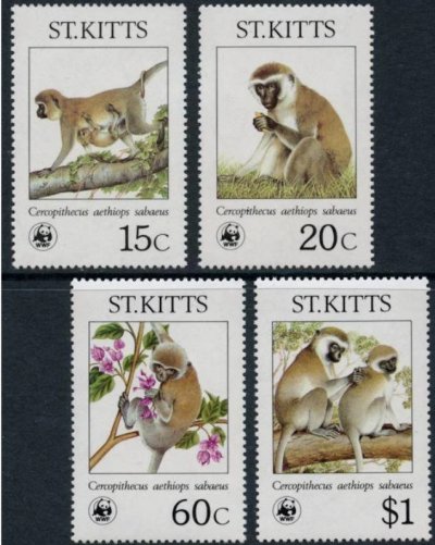 画像1: セントキッツ島切手　1986年　WWF　絶滅危惧種　サル　4種