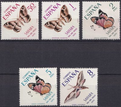 画像1: スペイン領サハラ　1970年　切手の日　蝶　5種