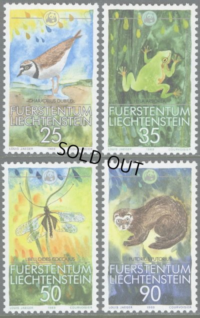 画像1: リヒテンシュタイン切手 1989年 世界自然保護基金　鳥　動物　コチドリ　ヨーロッパケナガイタチ　4種