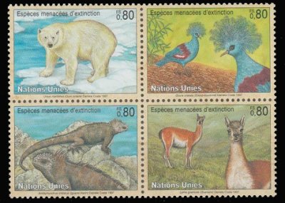 画像1: 国連　ジュネーブ切手　1997年　絶滅危惧種 　ウミイグアナ　カンムリバト　4種