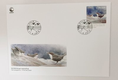 画像1: ノルウェー切手　2019年　ムナジロカワガラス　1種　FDC封筒 【切手と記念印スタンプが付いた記念封筒】