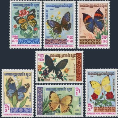 画像1: カンボジア切手　1983年　蝶　花　7種