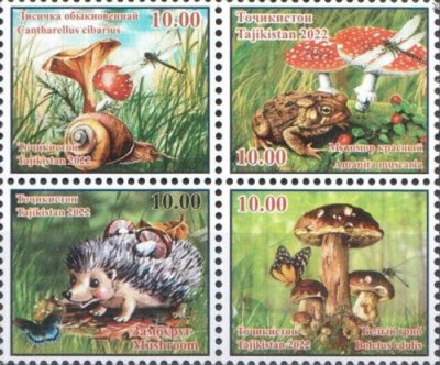 画像1: タジキスタン切手　2022年　ハリネズミ　カエル　キノコ　タジキスタンの動植物　4種