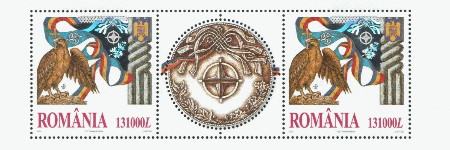 ルーマニア切手　2002年　ルーマニアNATO　鳥　紋章　シート
