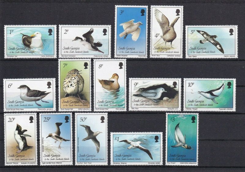サウスジョージア・サウスサンドイッチ諸島切手　1987年　鳥　サウスジョージアタヒバリ　ペンギン 15種