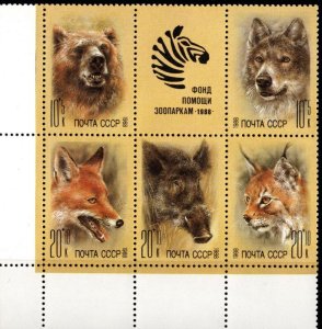 画像1: ロシア　旧ソ連切手　1988年　ソ連　動物園の救済基金　動物　クマ　オオカミ　キツネ　5種 (1)