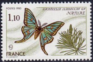 画像1: フランス切手　1980年　自然保護　蛾　イザベラミズアオ 　1種 (1)