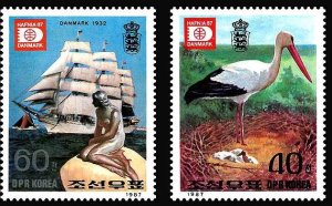 画像1: 北朝鮮切手　1987年　鳥　コウノトリ　コペンハーゲン切手展　2種 (1)