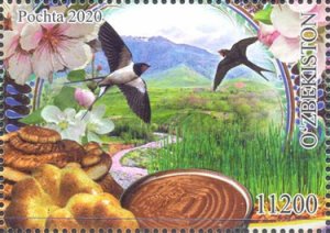 画像2: ウズベキスタン切手 2020年 新年 花 鳥 食物 1種 (2)