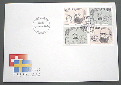 スウェーデン切手1997年ノーベル賞スイス スウェーデン Fdc 切手と記念印スタンプが付いた記念封筒 すてきな郵便屋さんciel
