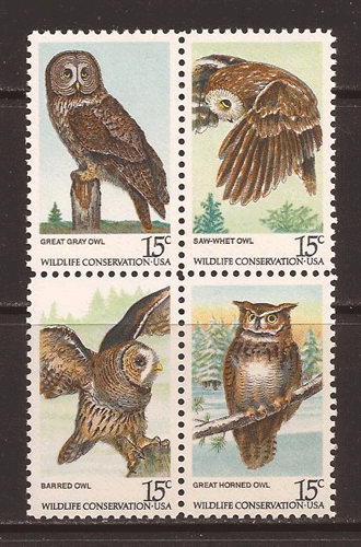 アメリカ切手 1978年 野生動物保護 アメリカ産のフクロウ 4種 - すてき
