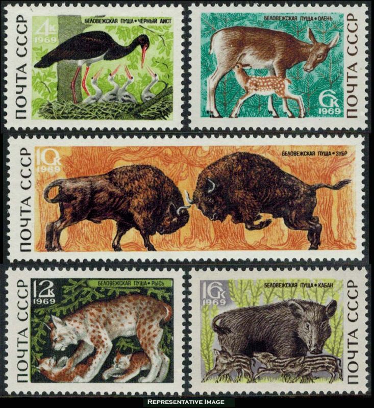 ロシア 旧ソ連切手 1969年 自然保護区 動物 親子 ヨーロッパバイソン