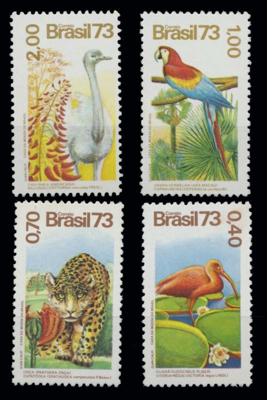 ブラジル切手 1973年 ショウジョウトキ 鳥 ジャガー 4種 - すてきな