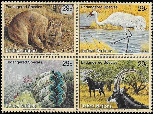 国連切手 1993年 絶滅危惧種 鳥 アメリカシロヅル 4種 - すてきな郵便屋さんciel
