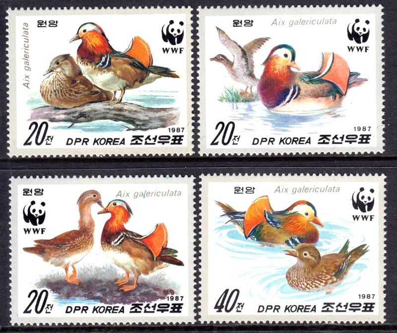 北朝鮮切手 1987年 鳥 WWF 世界的な保全 オシドリ 4種 - すてきな郵便 